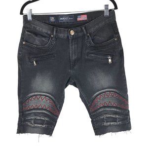 Damati Mens Jeans Shorts Cut Off Denim Zippers Embroidered Black 32